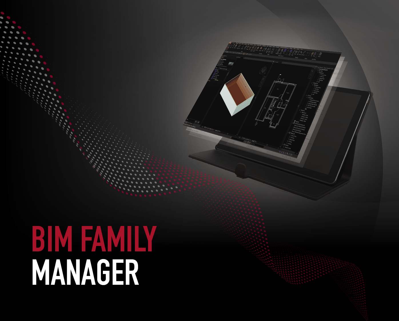Image of BIM drawing on tablet with black background and red wave